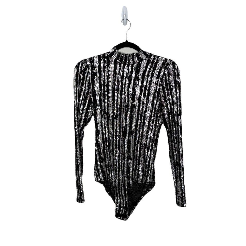 Luxxel Black Silver Metallic Knit Mock Neck Bell Sleeve Bodysuit Size Medium